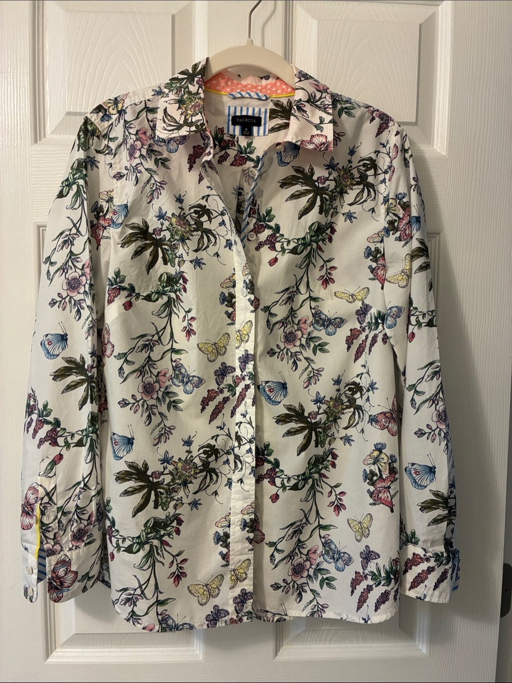 Talbots White Floral Botanical Print Shirt with Pink Accents